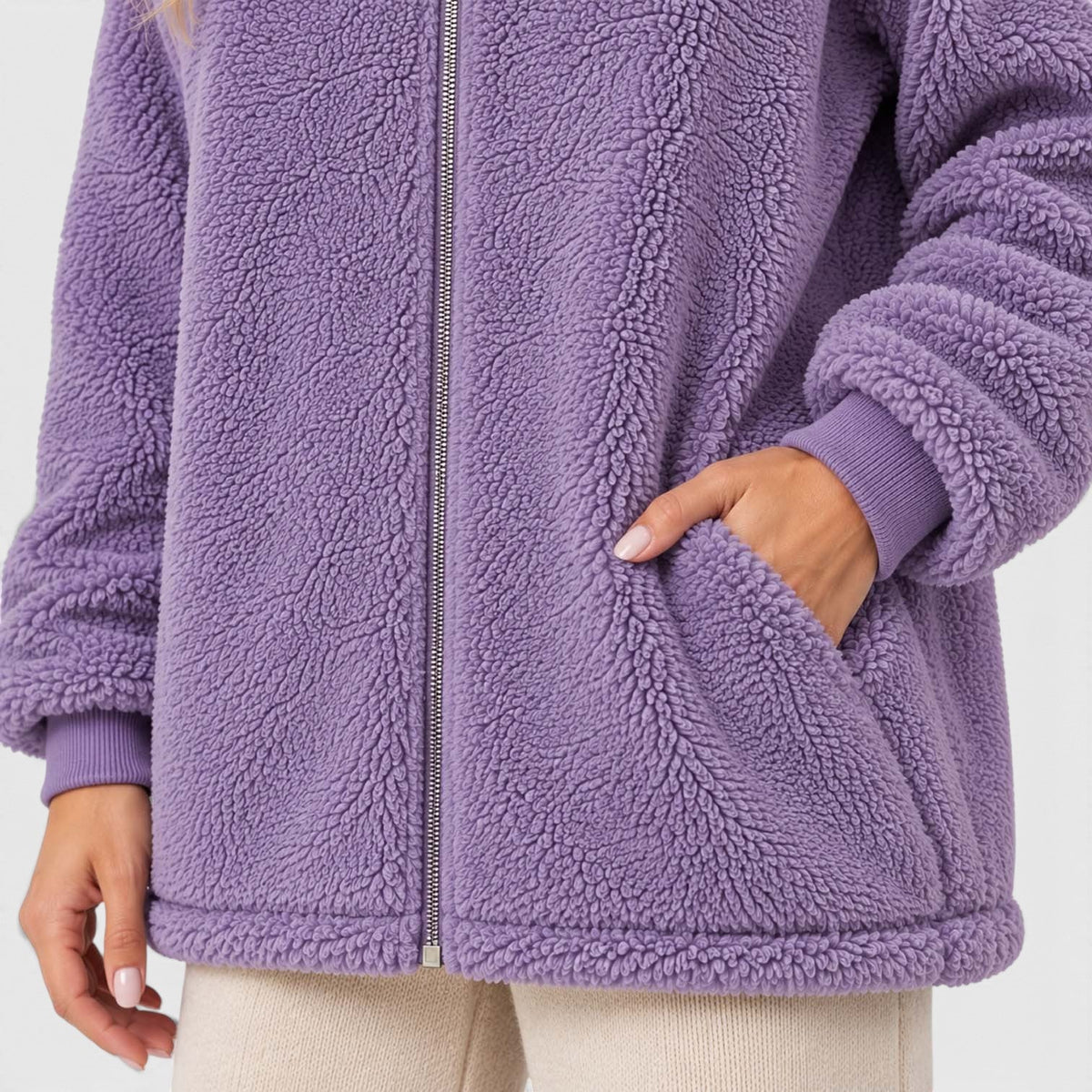 Women's Teddy Fleece Zip-Up Cardigan with Hood and Pockets