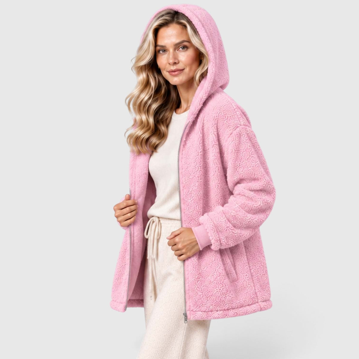 Women's Teddy Fleece Zip-Up Cardigan with Hood and Pockets