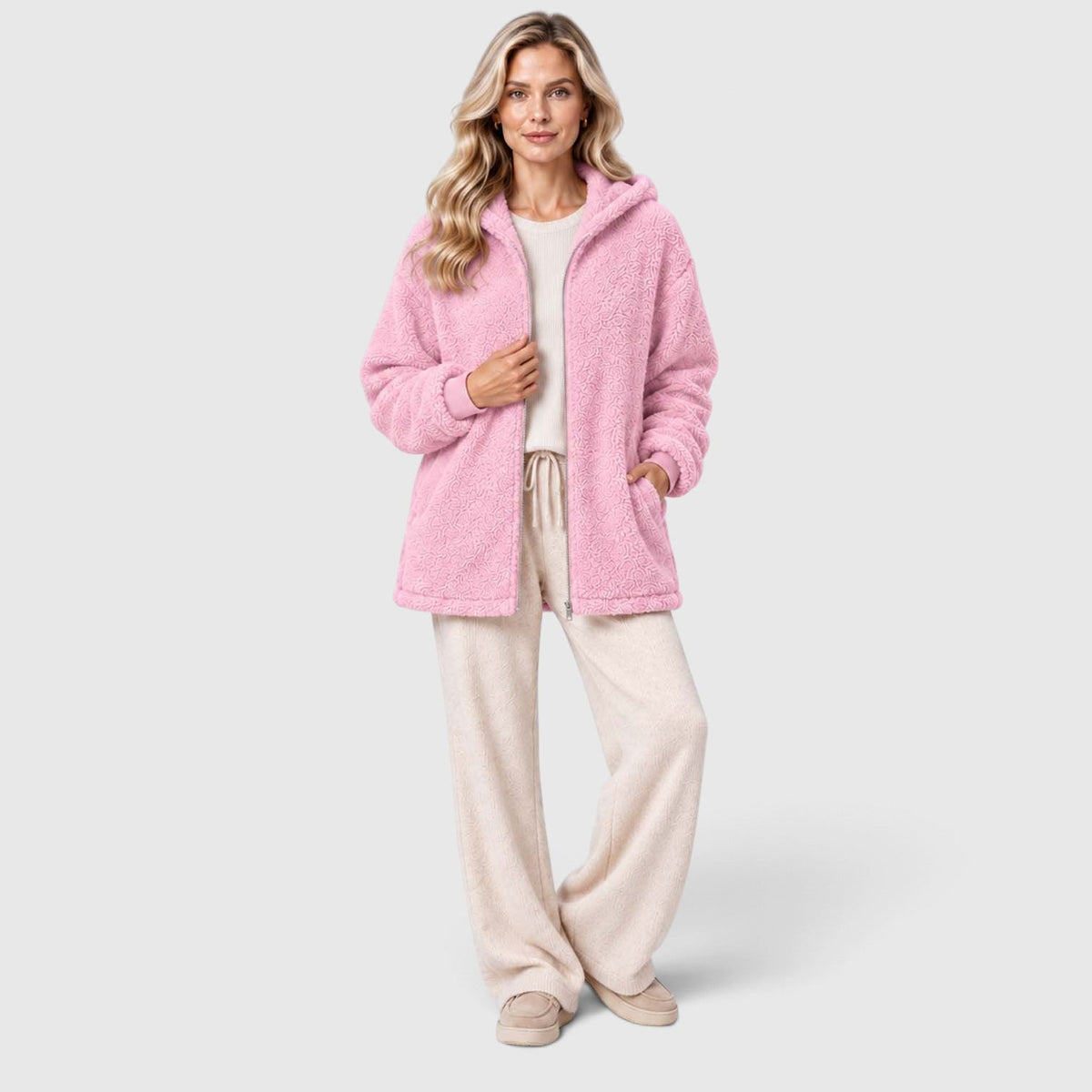 Women's Teddy Fleece Zip-Up Cardigan with Hood and Pockets