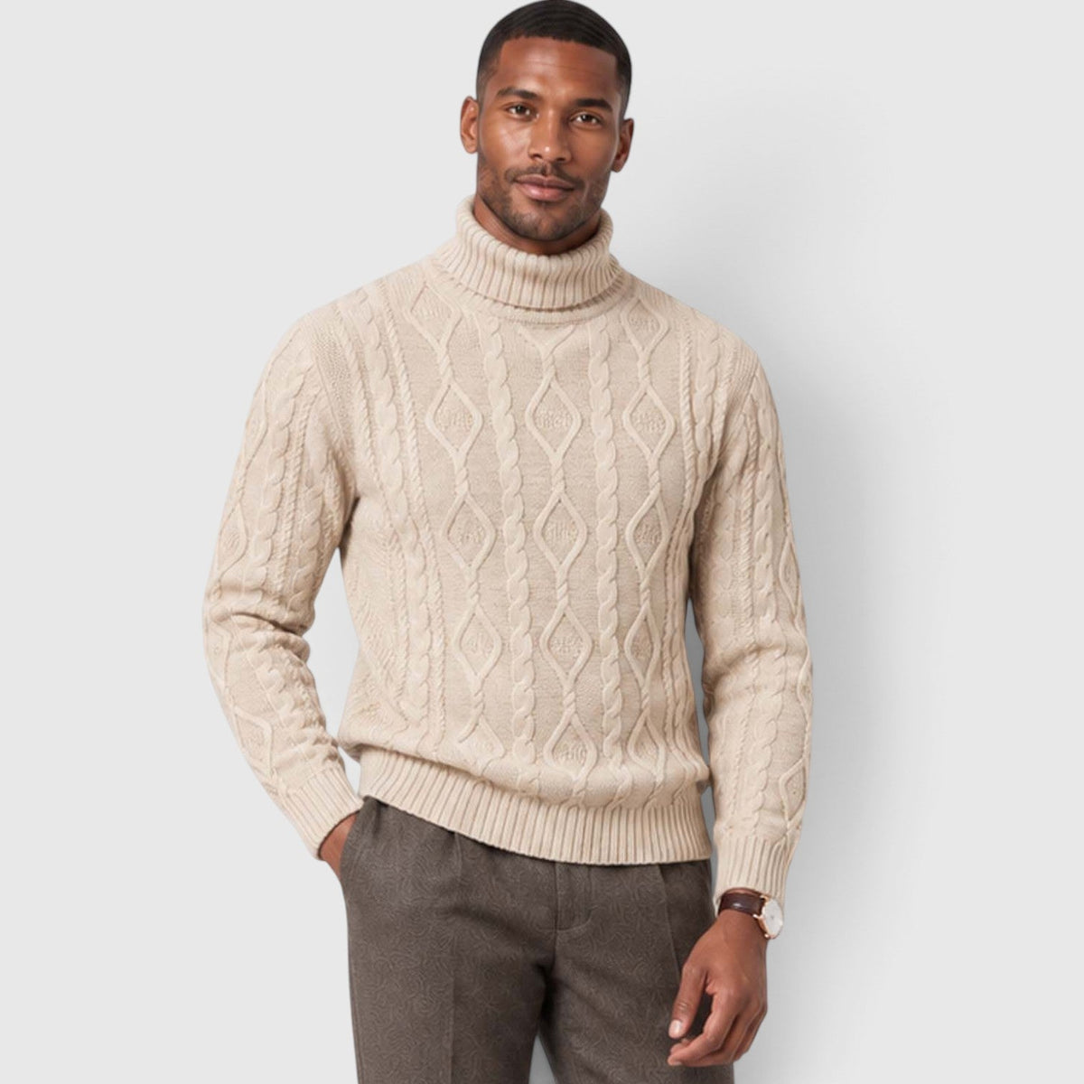 Men's Cable Knit Turtleneck Jumper for Classic Casual Style