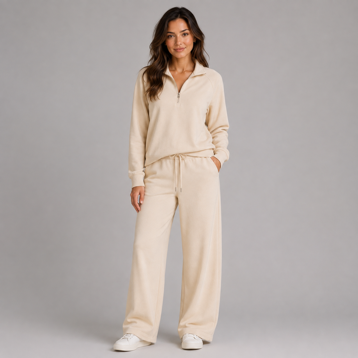 Women's Lounge Set with Half-Zip Stand-Collar Top and Wide-Leg Trousers
