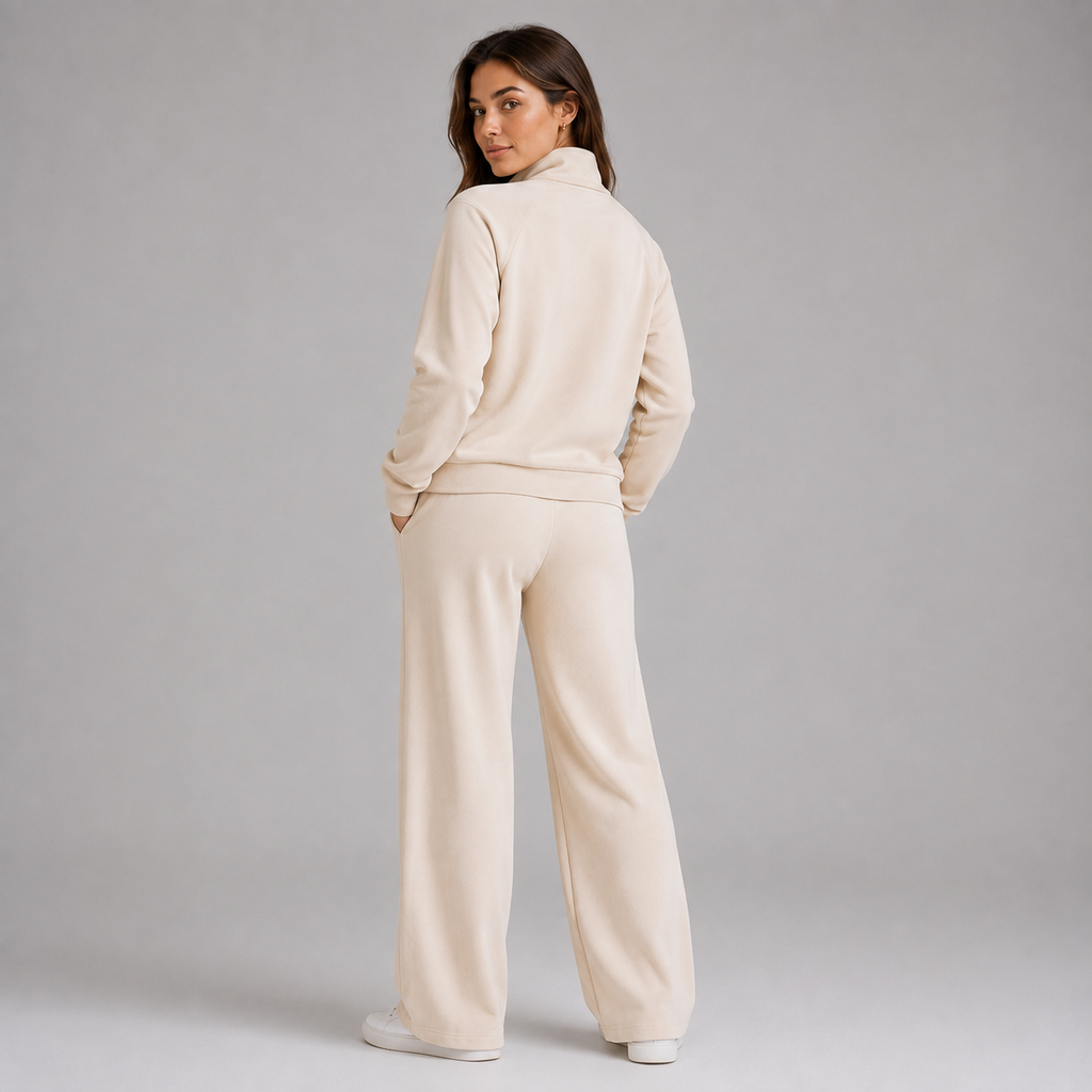 Women's Lounge Set with Half-Zip Stand-Collar Top and Wide-Leg Trousers