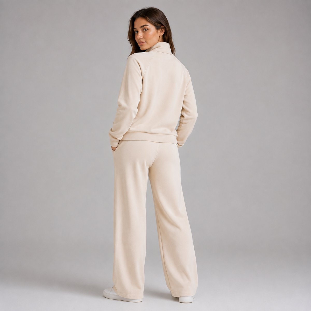 Women's Lounge Set with Half-Zip Stand-Collar Top and Wide-Leg Trousers