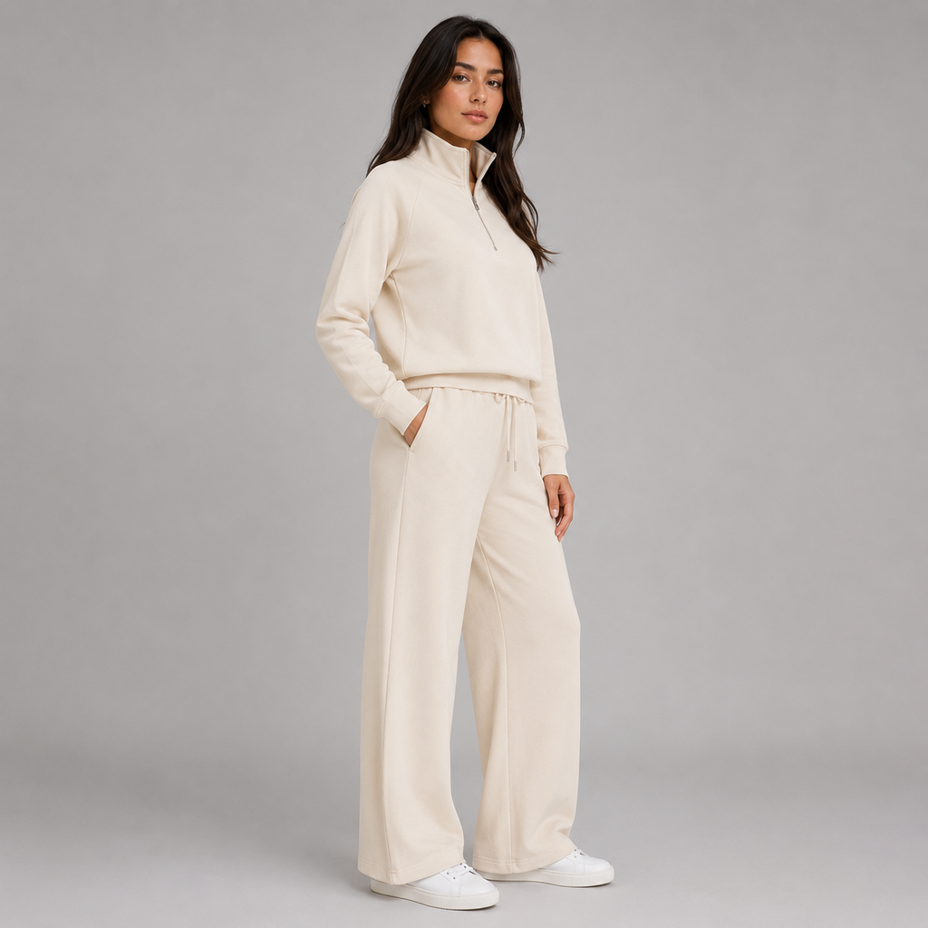 Women's Lounge Set with Half-Zip Stand-Collar Top and Wide-Leg Trousers