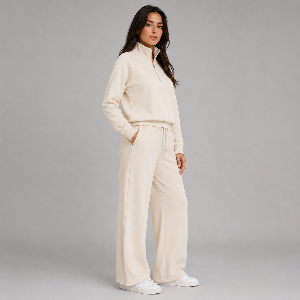 Women's Lounge Set with Half-Zip Stand-Collar Top and Wide-Leg Trousers