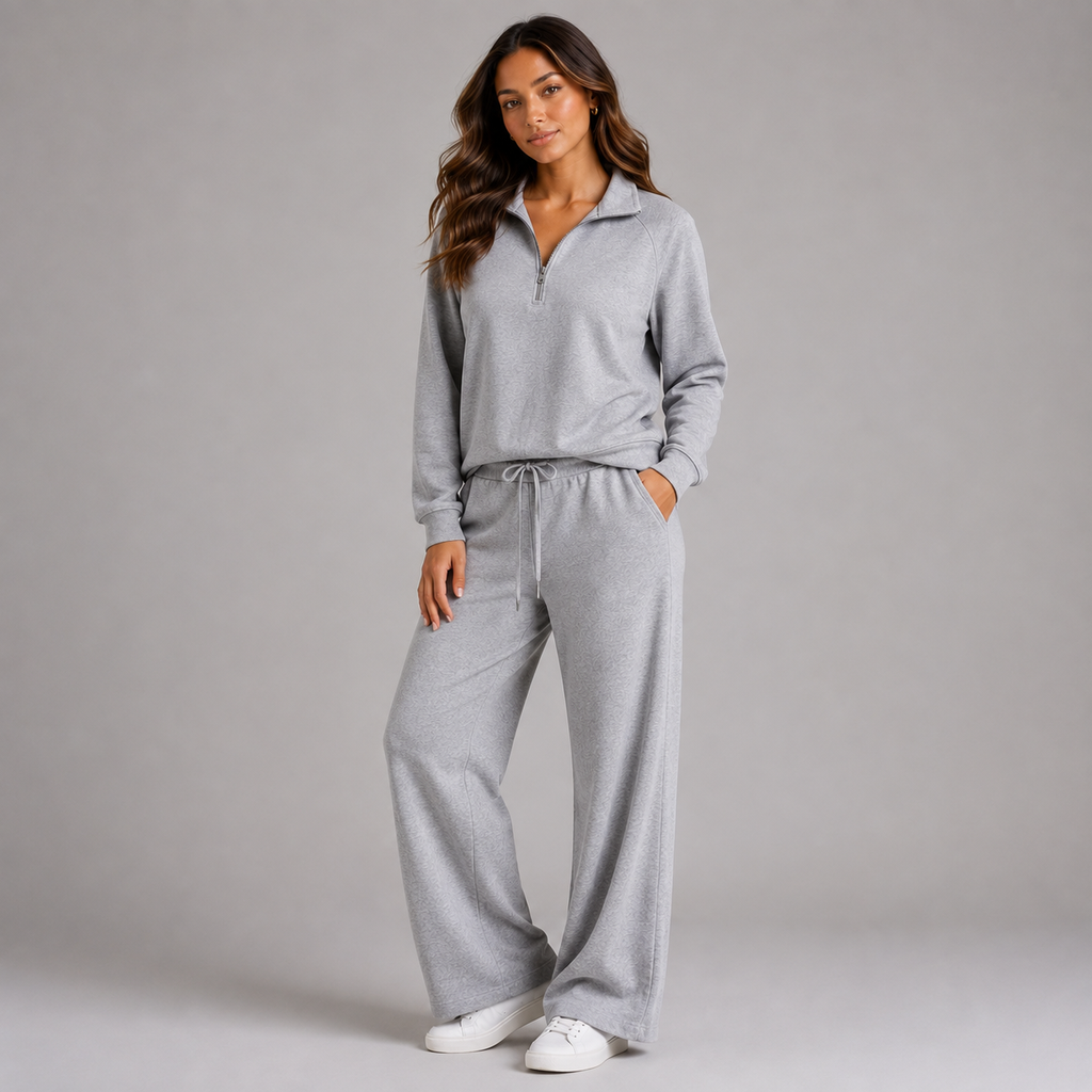 Women's Lounge Set with Half-Zip Stand-Collar Top and Wide-Leg Trousers