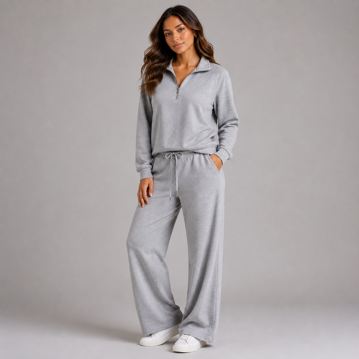 Women's Lounge Set with Half-Zip Stand-Collar Top and Wide-Leg Trousers