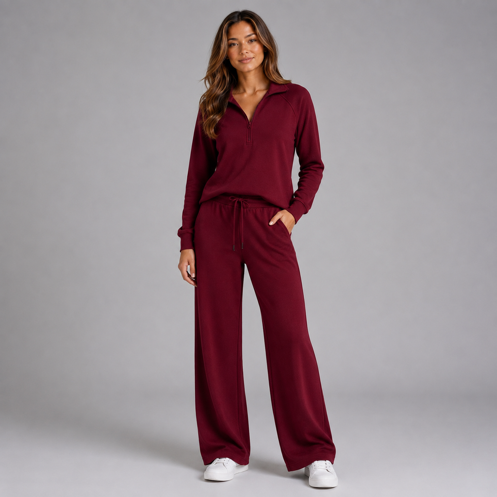 Women's Lounge Set with Half-Zip Stand-Collar Top and Wide-Leg Trousers