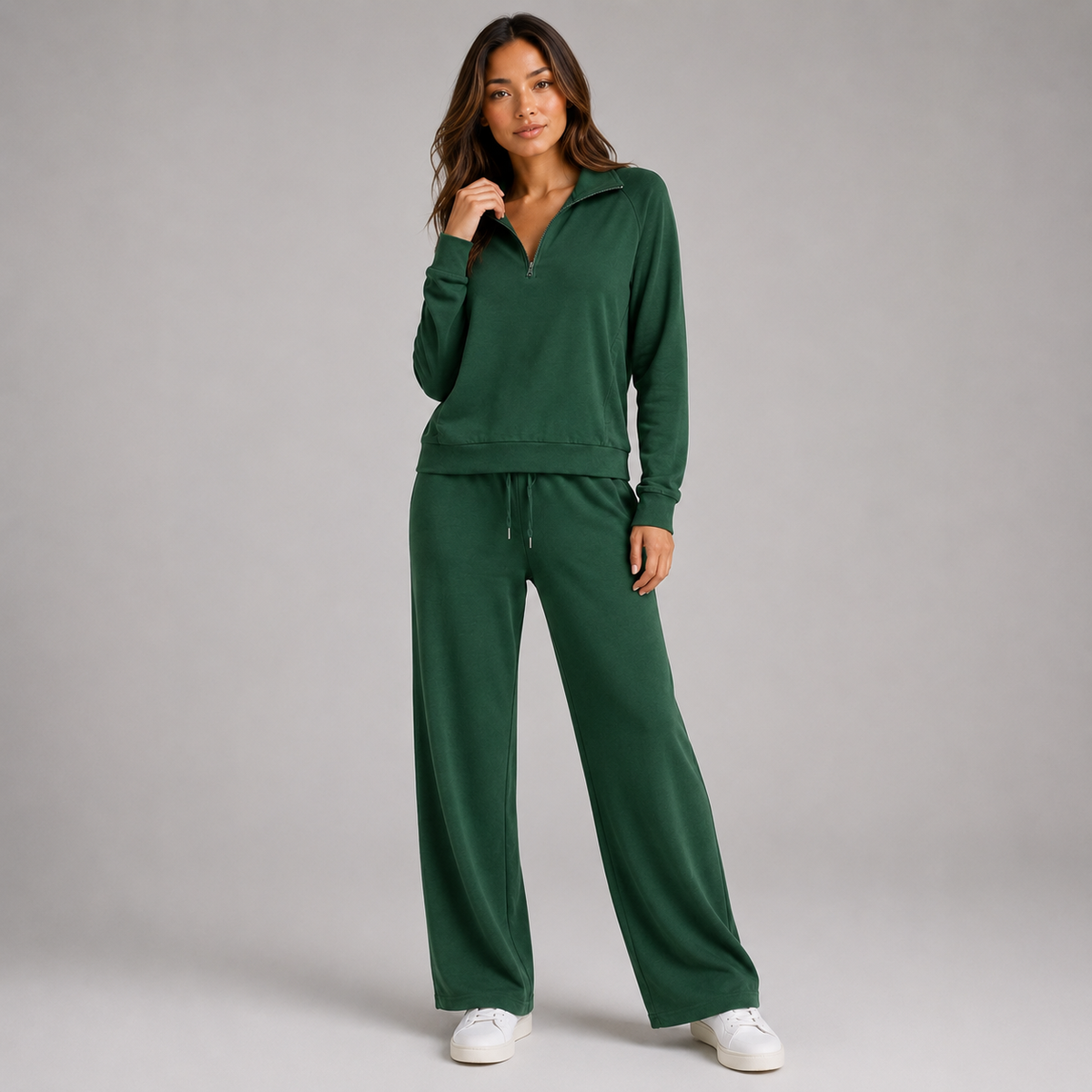 Women's Lounge Set with Half-Zip Stand-Collar Top and Wide-Leg Trousers