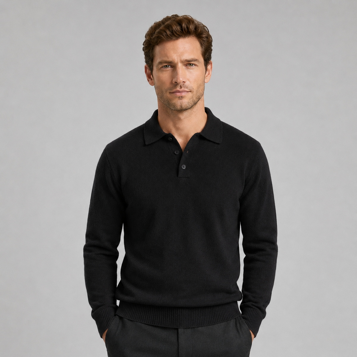 Men's Polo Jumper Knitted Textured Relaxed Fit