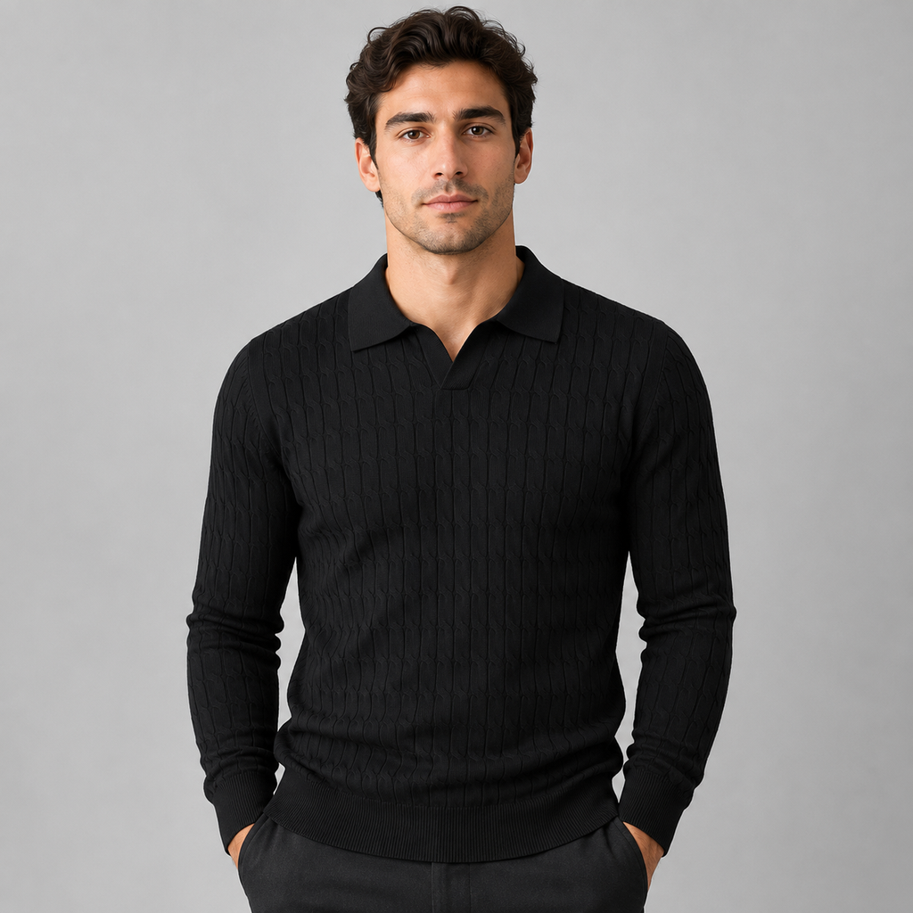 Men's Polo Sweater with Contrast Collar and Loose Fit