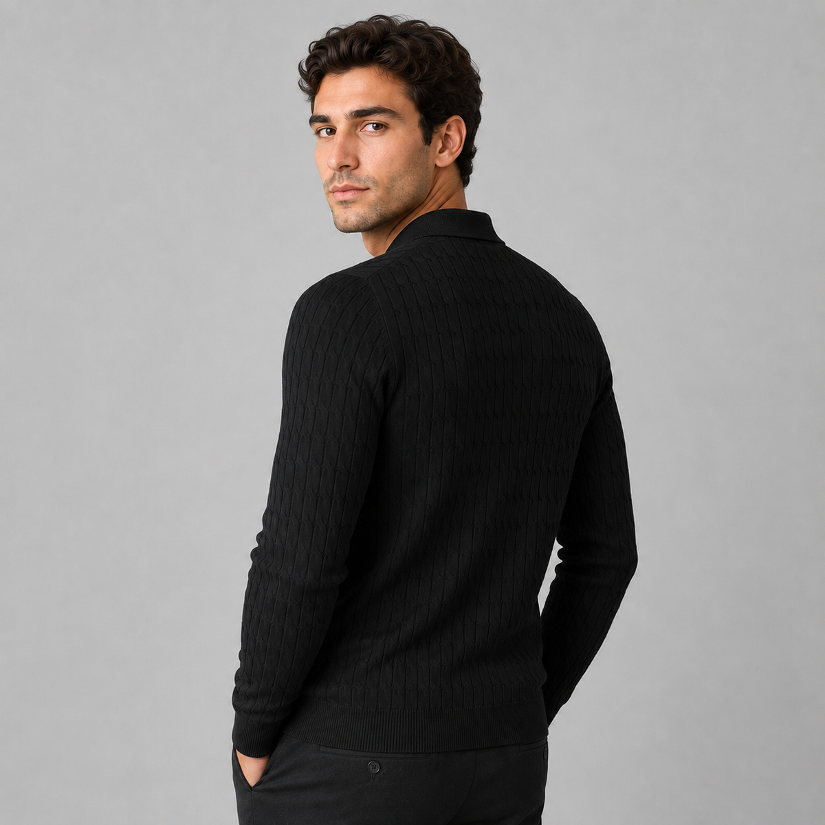Men's Polo Sweater with Contrast Collar and Loose Fit