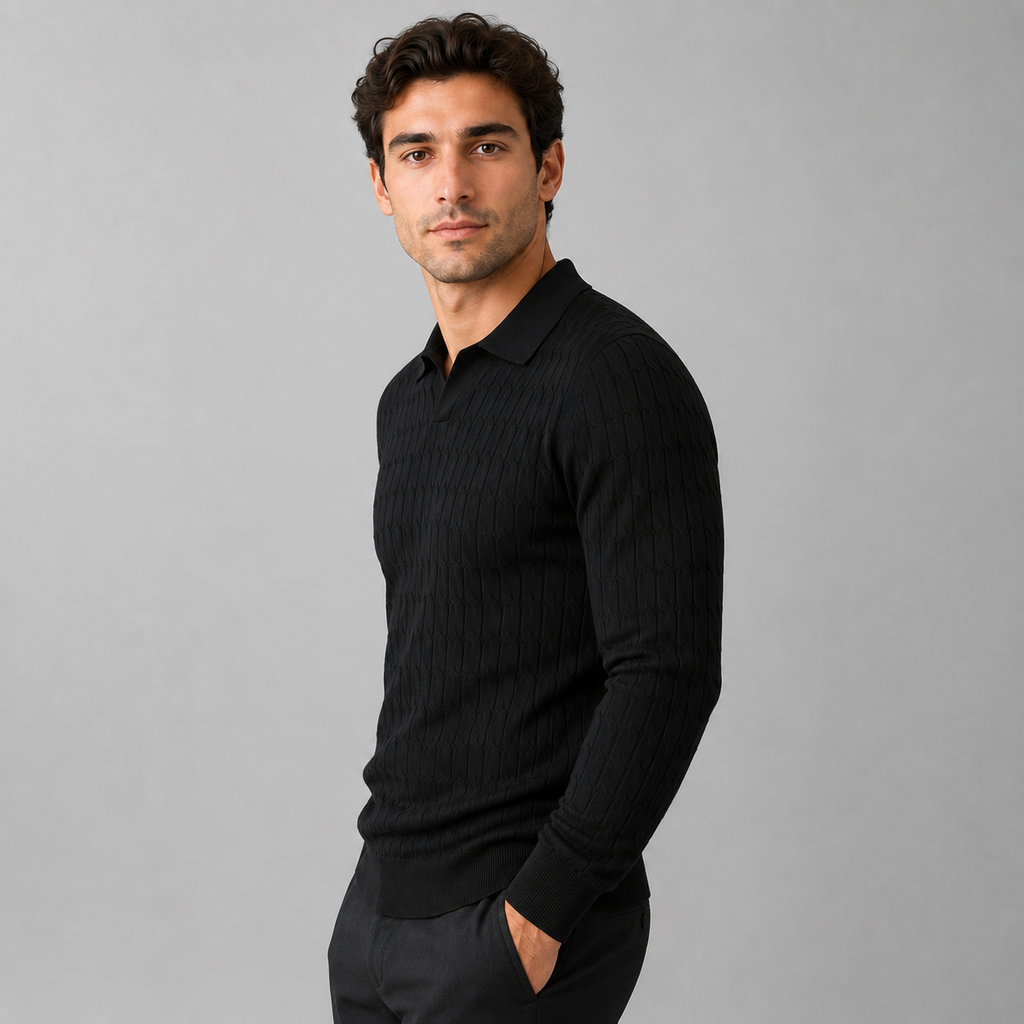 Men's Polo Sweater with Contrast Collar and Loose Fit