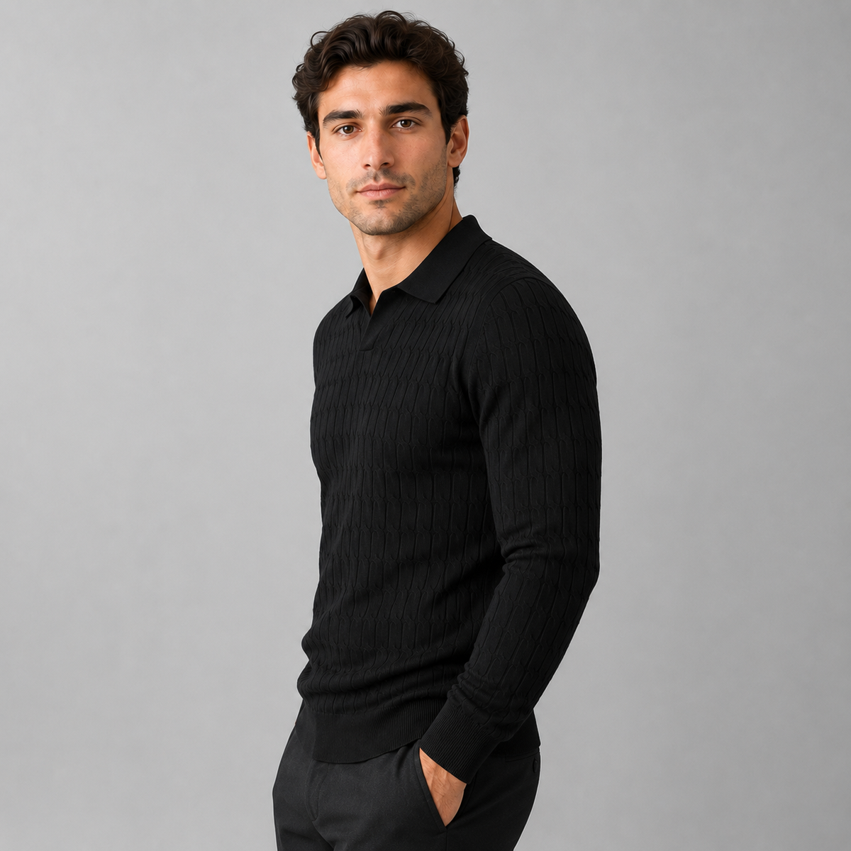 Men's Polo Sweater with Contrast Collar and Loose Fit