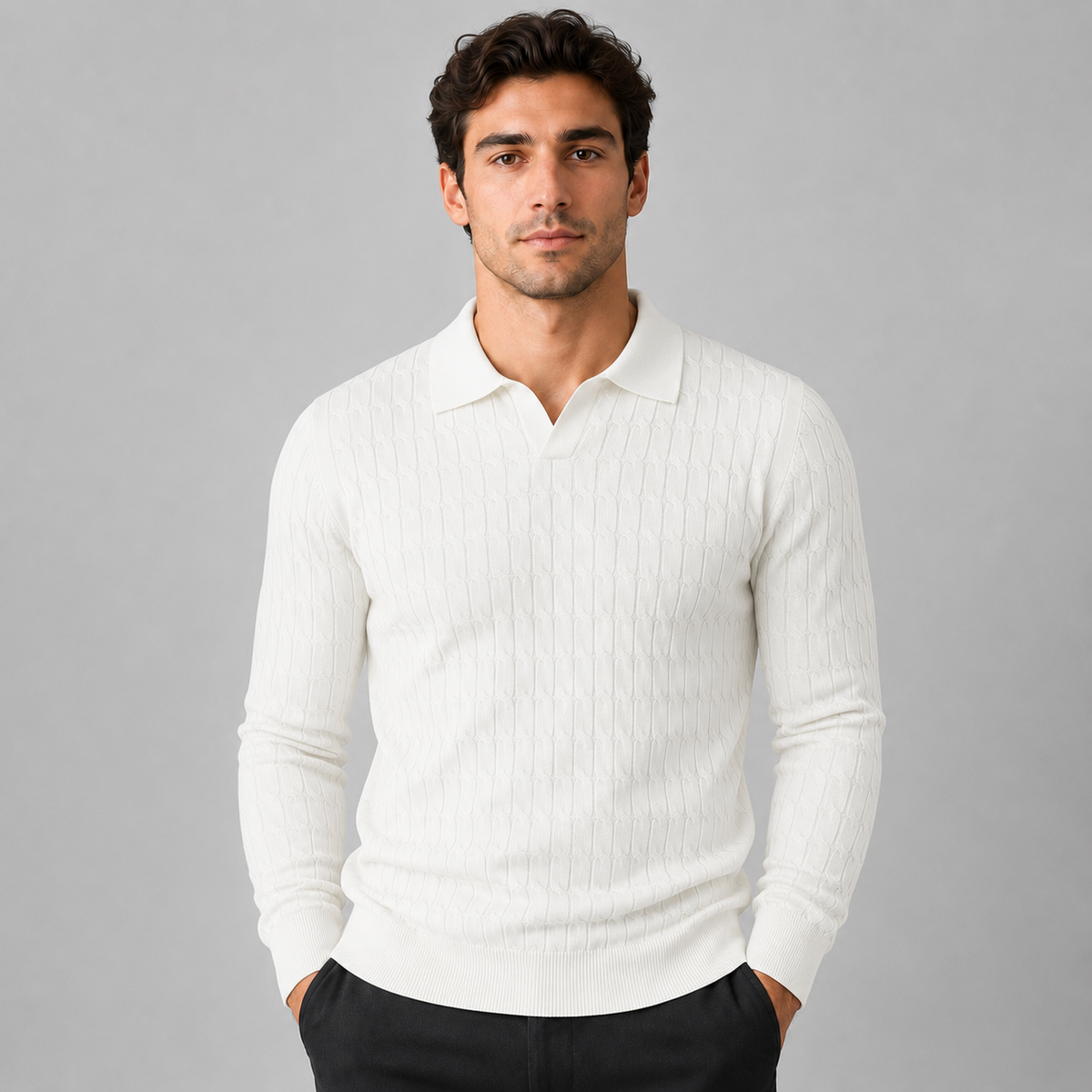 Men's Polo Sweater with Contrast Collar and Loose Fit