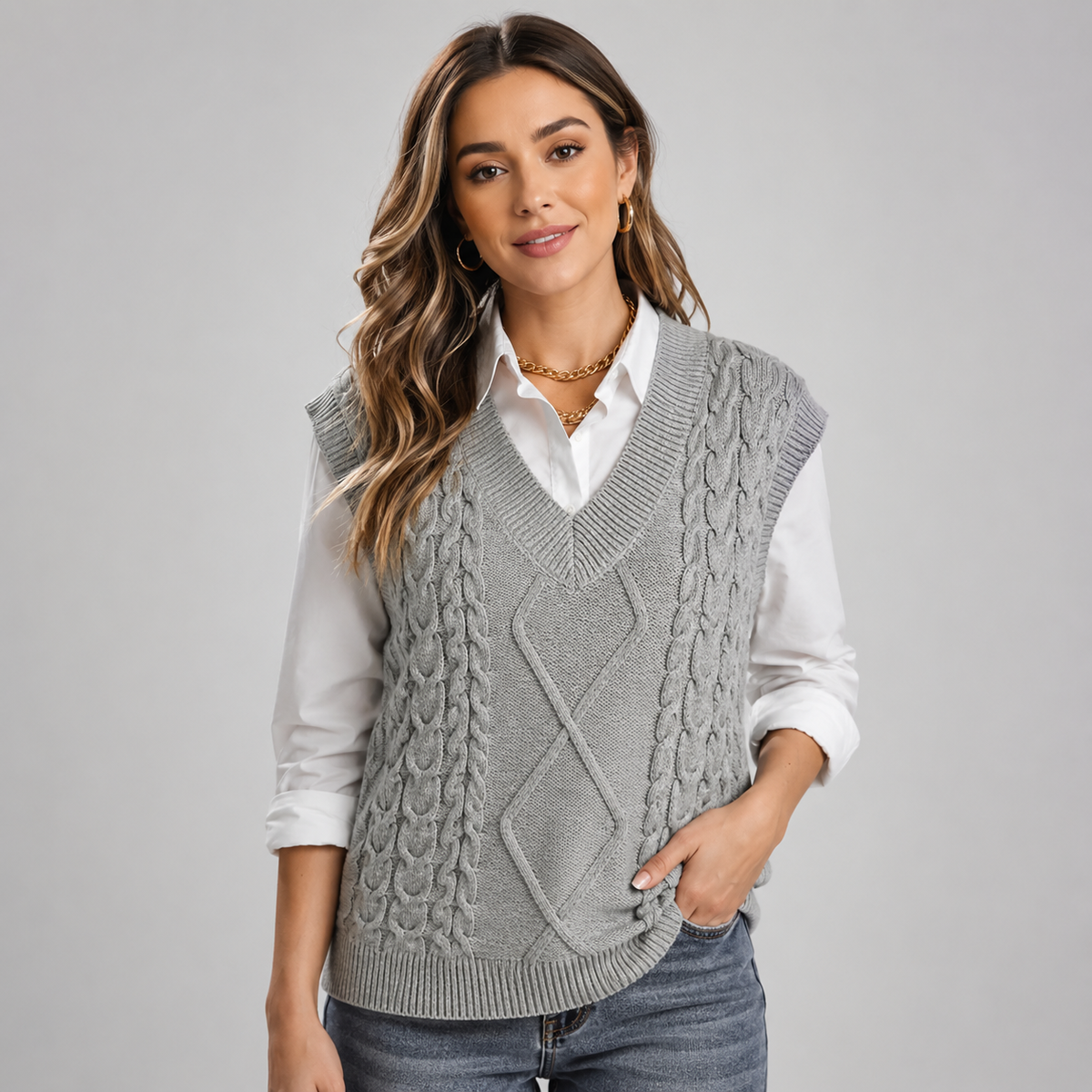 Women's Cable Knit V-Neck Sweater Vest