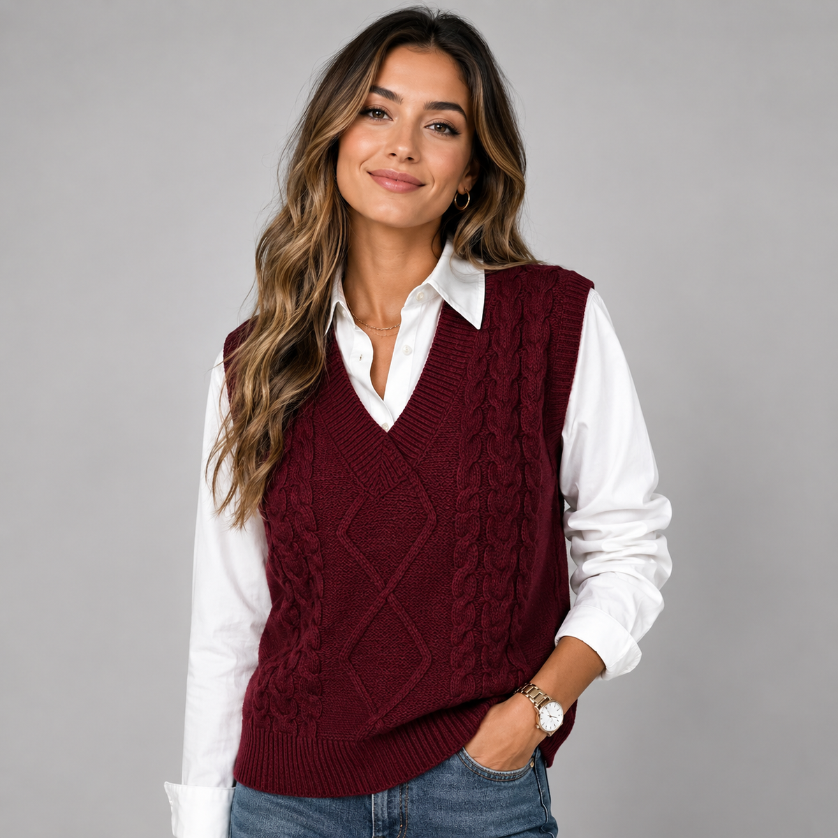 Women's Cable Knit V-Neck Sweater Vest