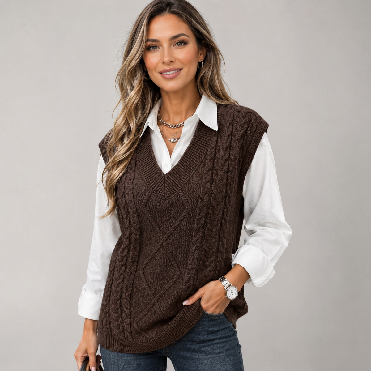 Women's Cable Knit V-Neck Sweater Vest