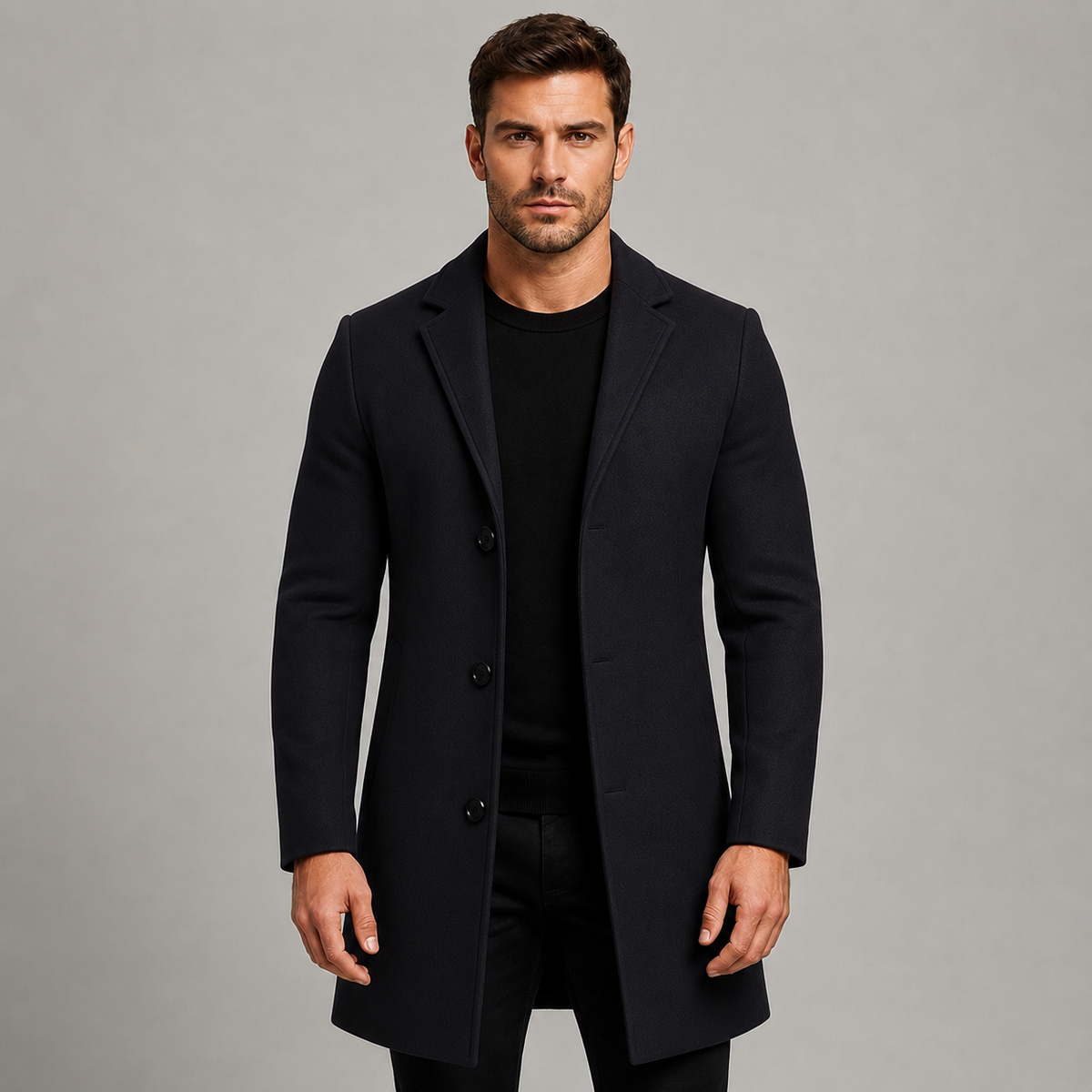 Men's Single-Breasted Tailored Overcoat with Notched Lapels