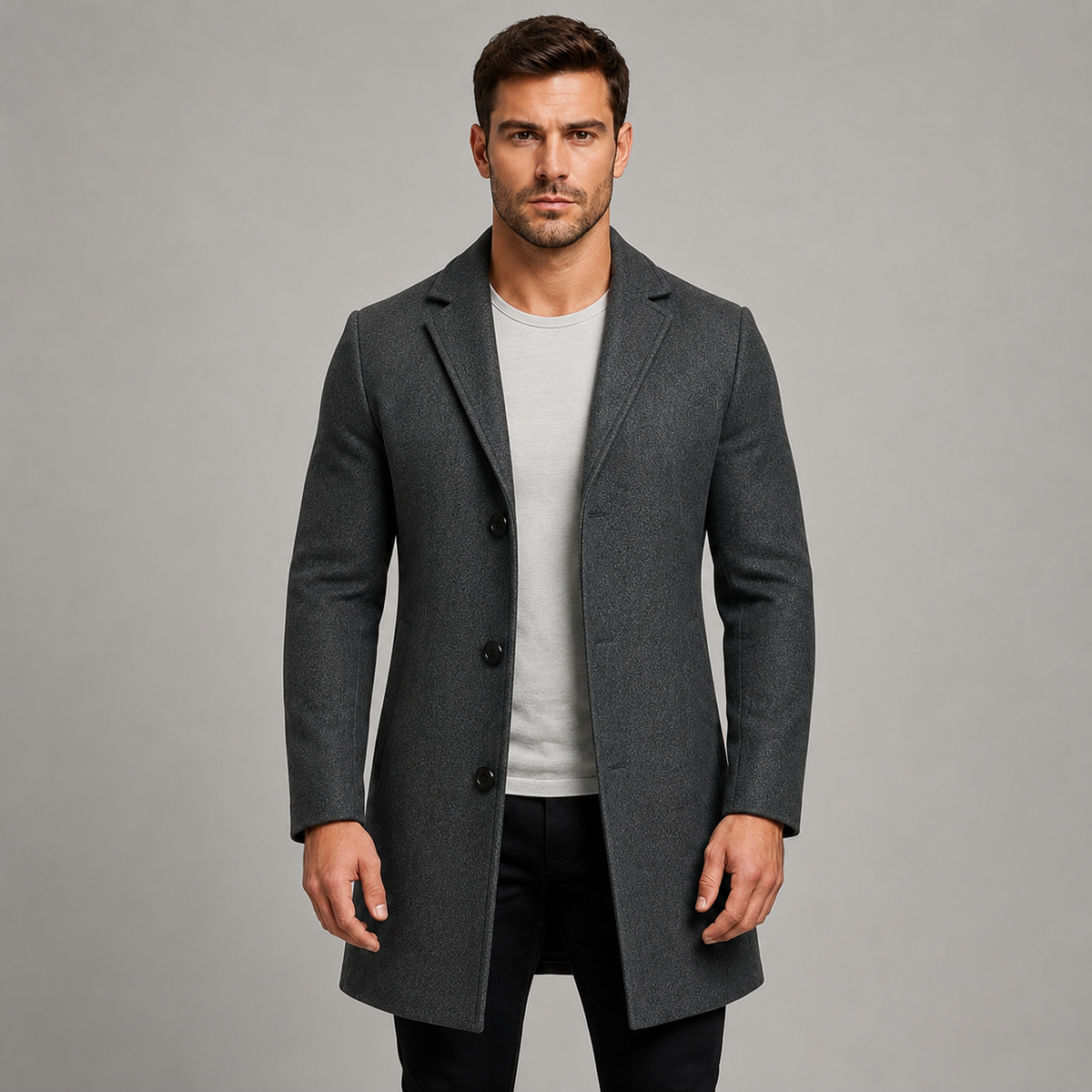 Men's Single-Breasted Tailored Overcoat with Notched Lapels
