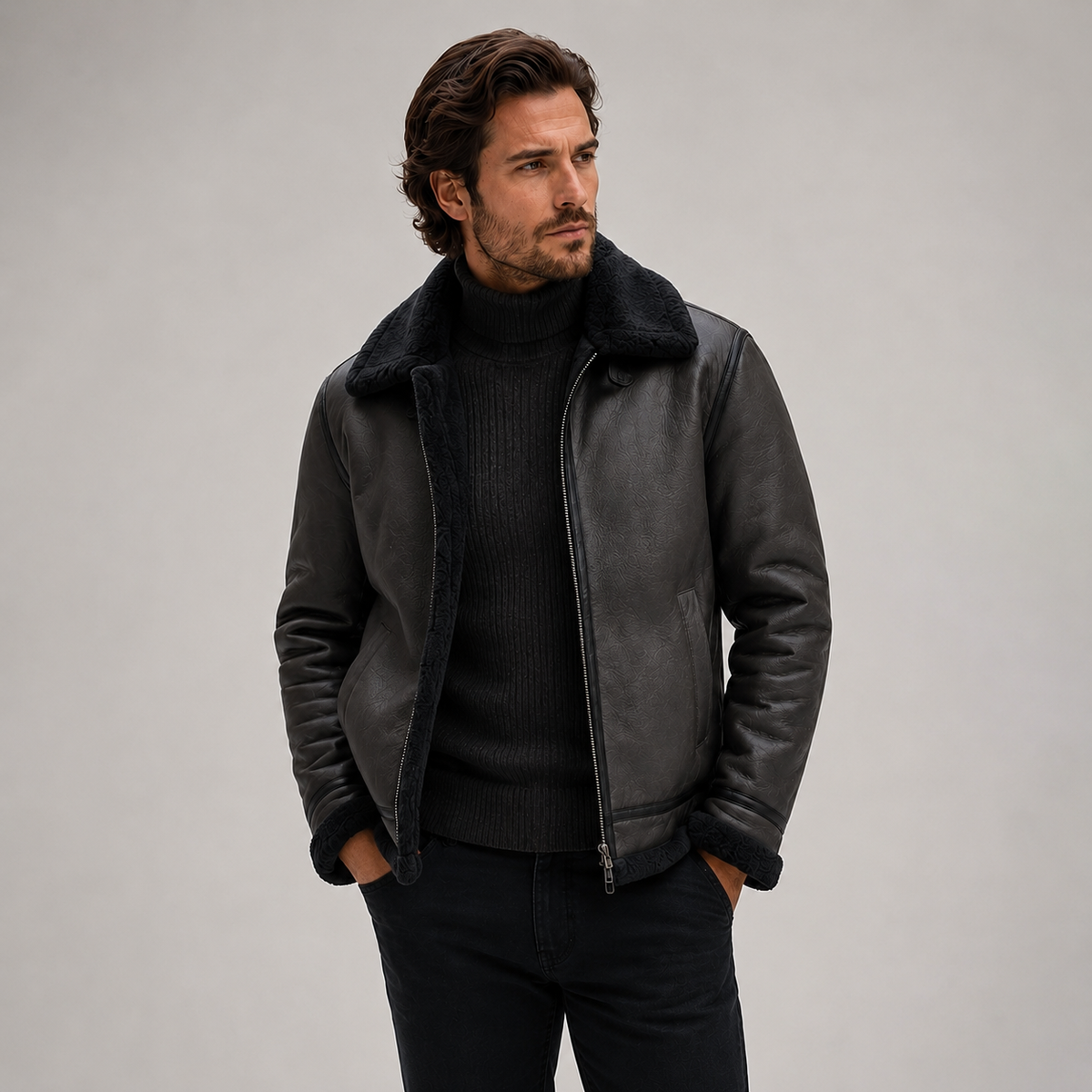 Men's Leather-Look Shearling Aviator Jacket