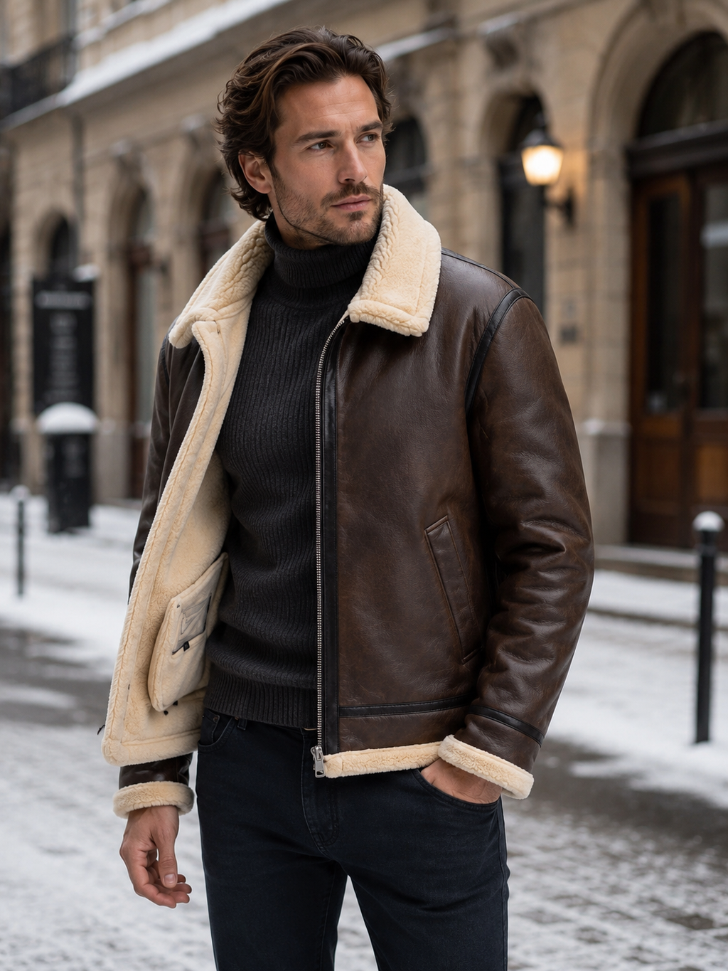 Men's Leather-Look Shearling Aviator Jacket