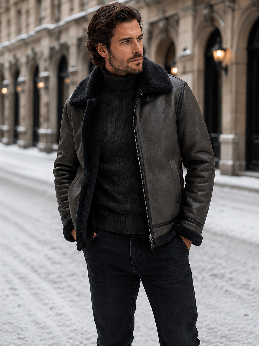 Men's Leather-Look Shearling Aviator Jacket