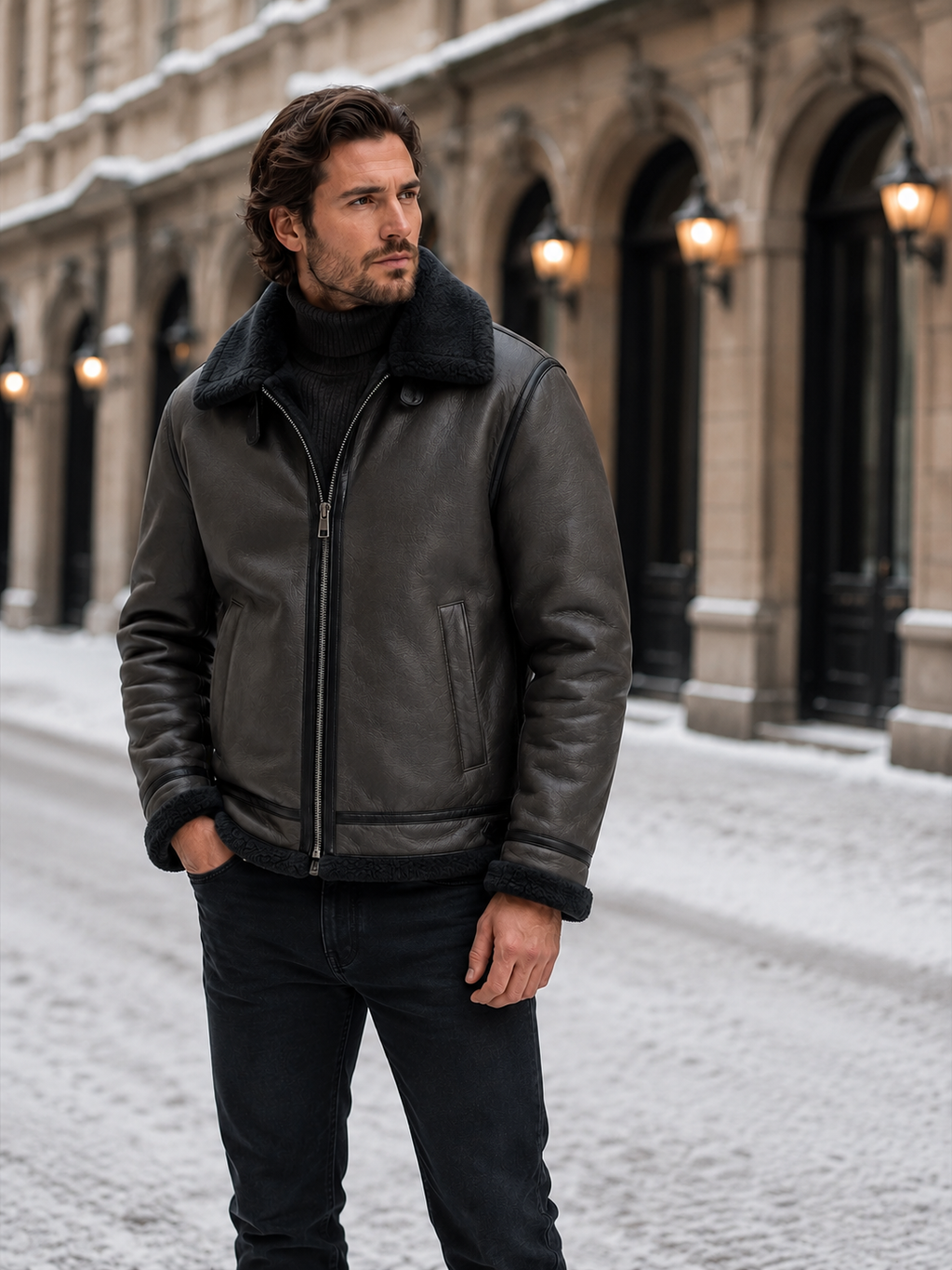 Men's Leather-Look Shearling Aviator Jacket