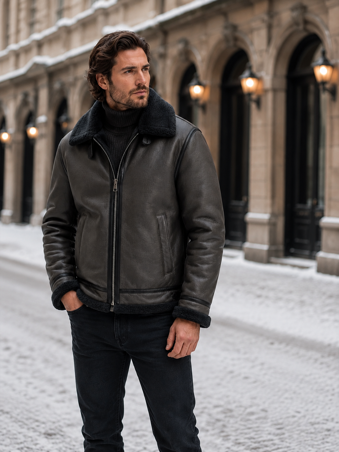 Men's Leather-Look Shearling Aviator Jacket