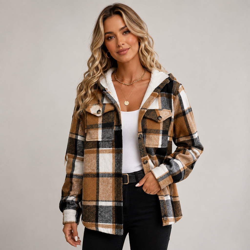 Women's Checked Hooded Fleece Coat