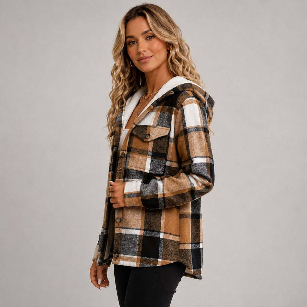 Women's Checked Hooded Fleece Coat