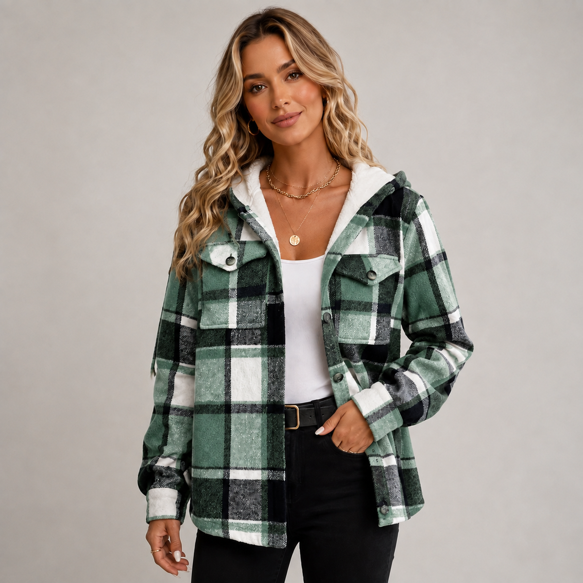 Women's Checked Hooded Fleece Coat