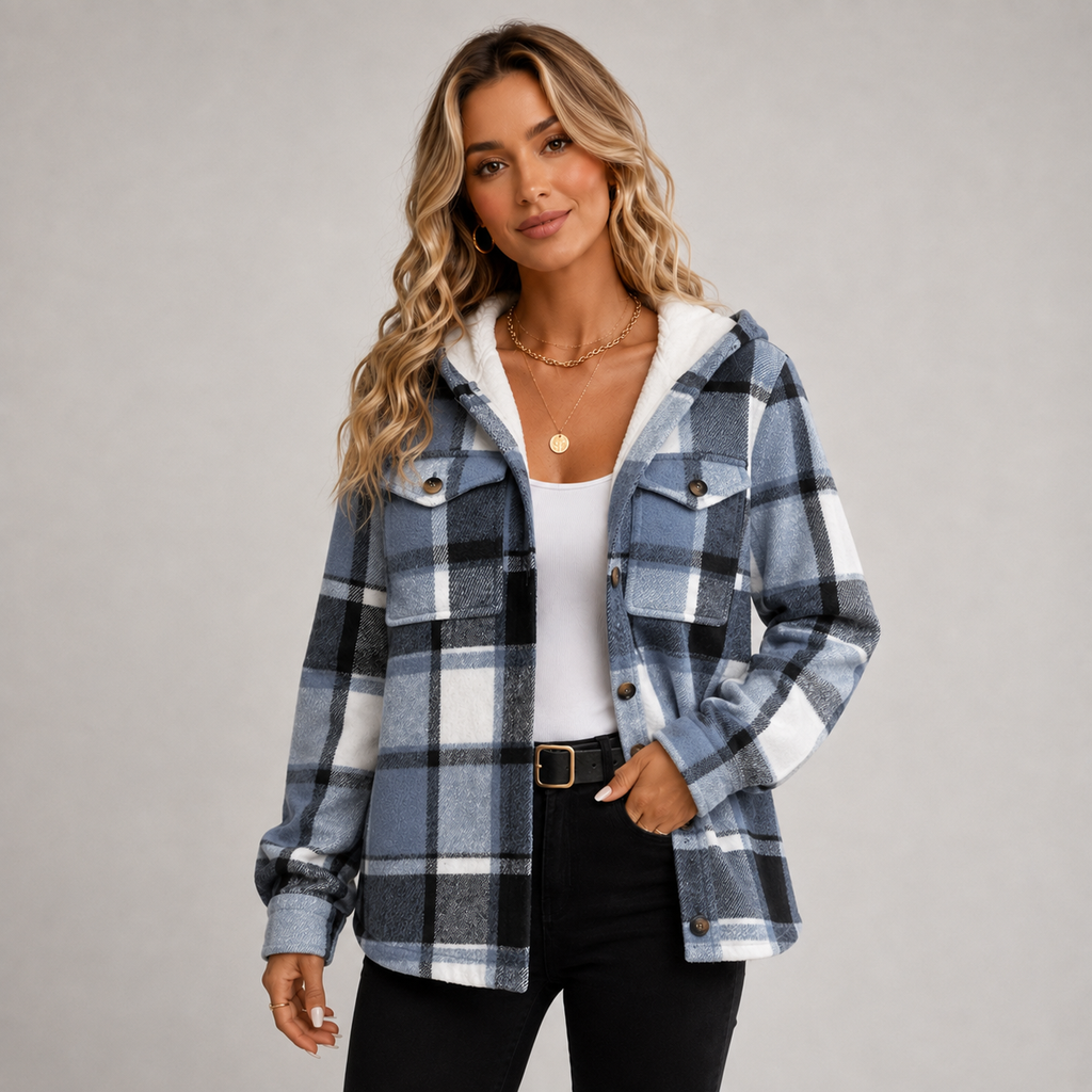 Women's Checked Hooded Fleece Coat