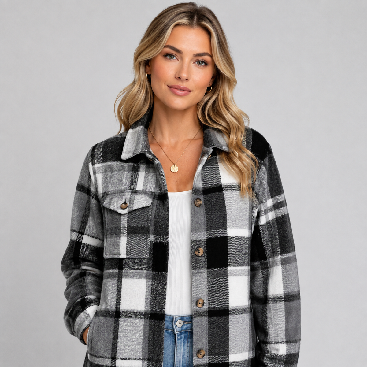Women's Checked Hooded Fleece Coat