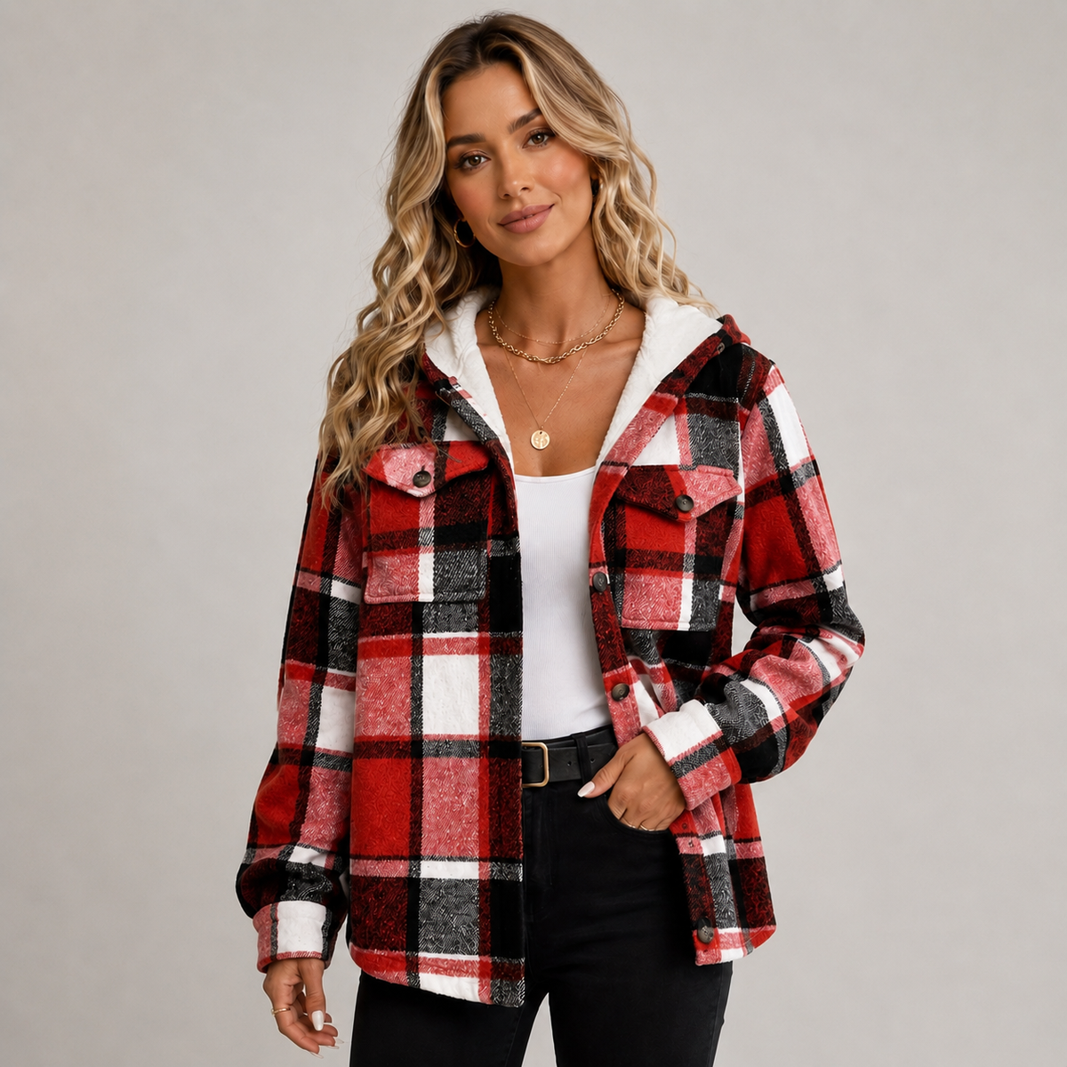 Women's Checked Hooded Fleece Coat