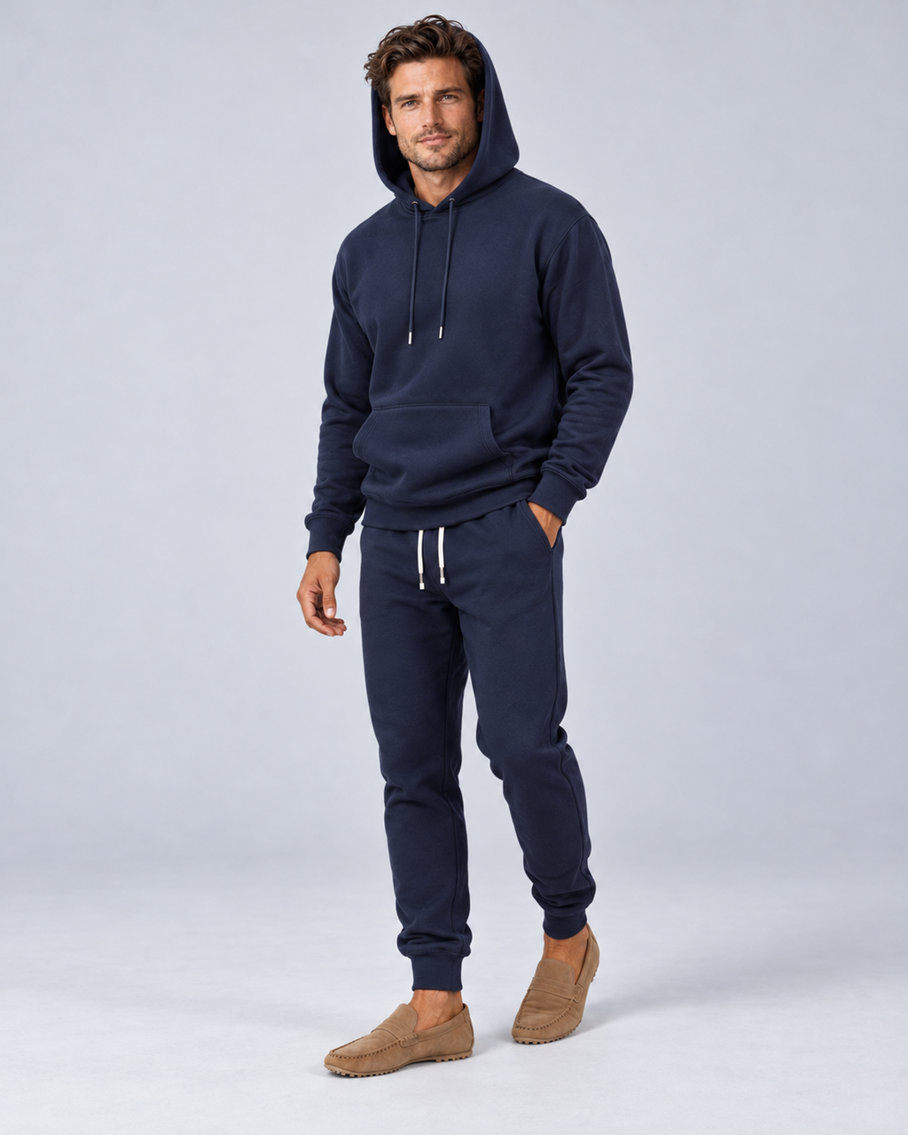 Men's pullover hoodie and cuffed jogger set in navy, hood-up three-quarter, on approved studio model