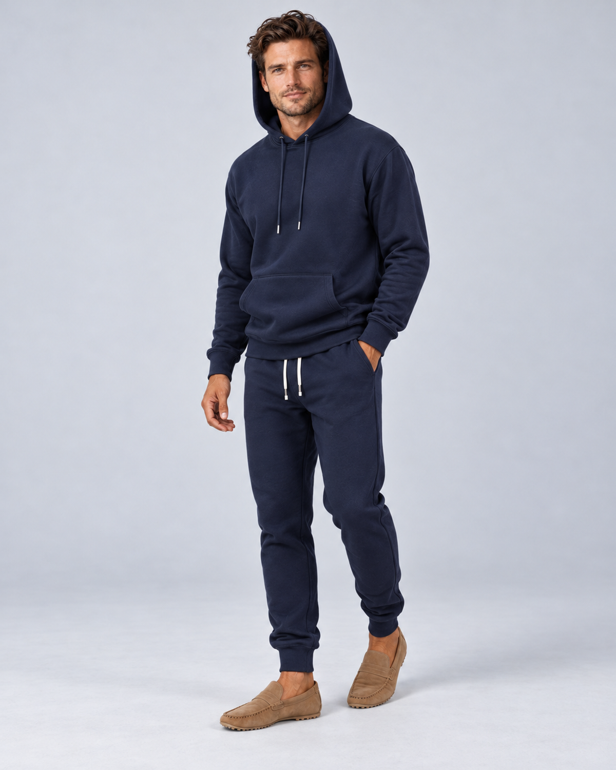Men's pullover hoodie and cuffed jogger set in navy, hood-up three-quarter, on approved studio model
