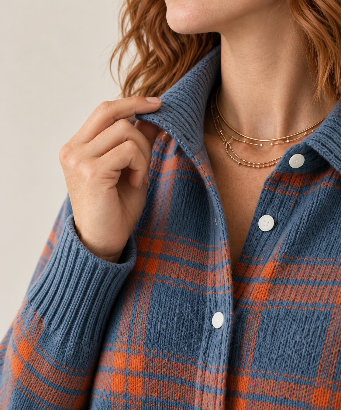 Verawool Plaid Shirt-Collar Cardigan - blue orange collar06