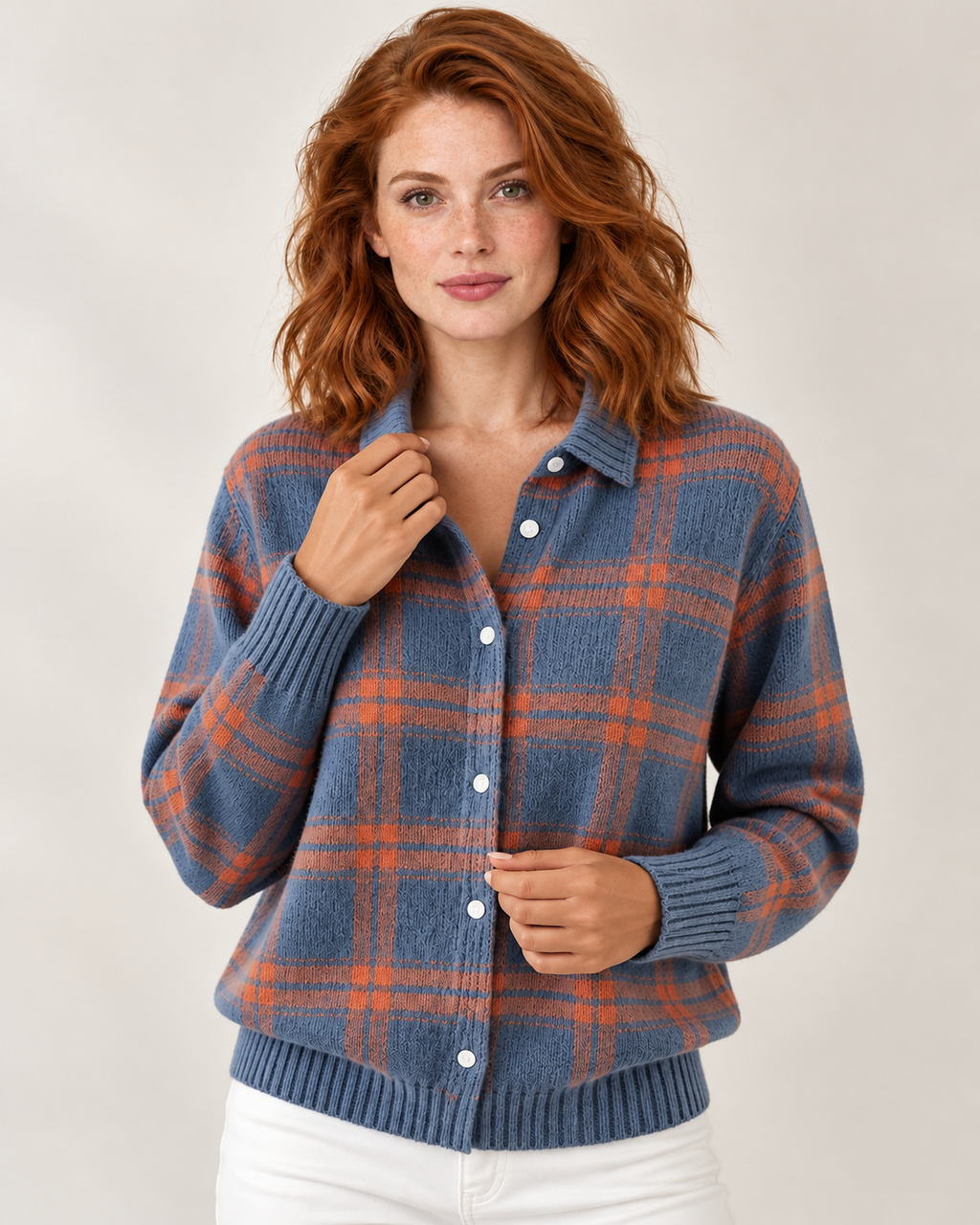 Verawool Plaid Shirt-Collar Cardigan - blue orange hem05