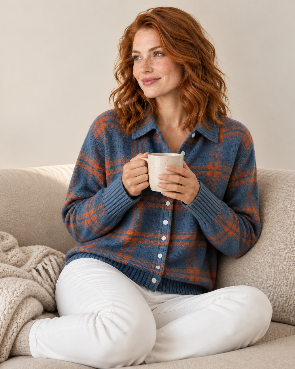 Verawool Plaid Shirt-Collar Cardigan - blue orange mug08