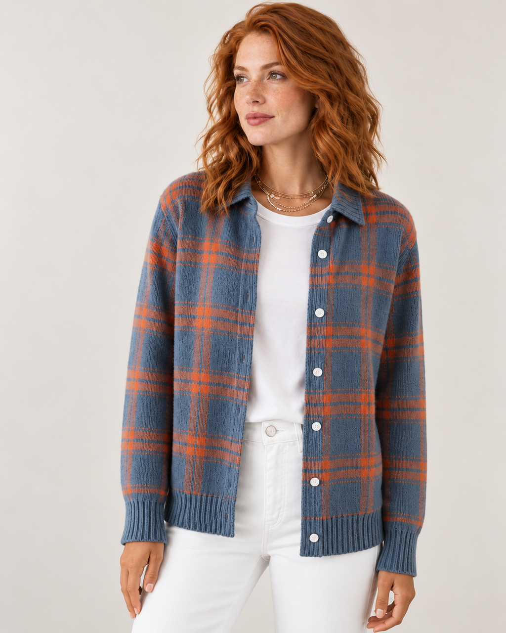 Verawool Plaid Shirt-Collar Cardigan - blue orange open07