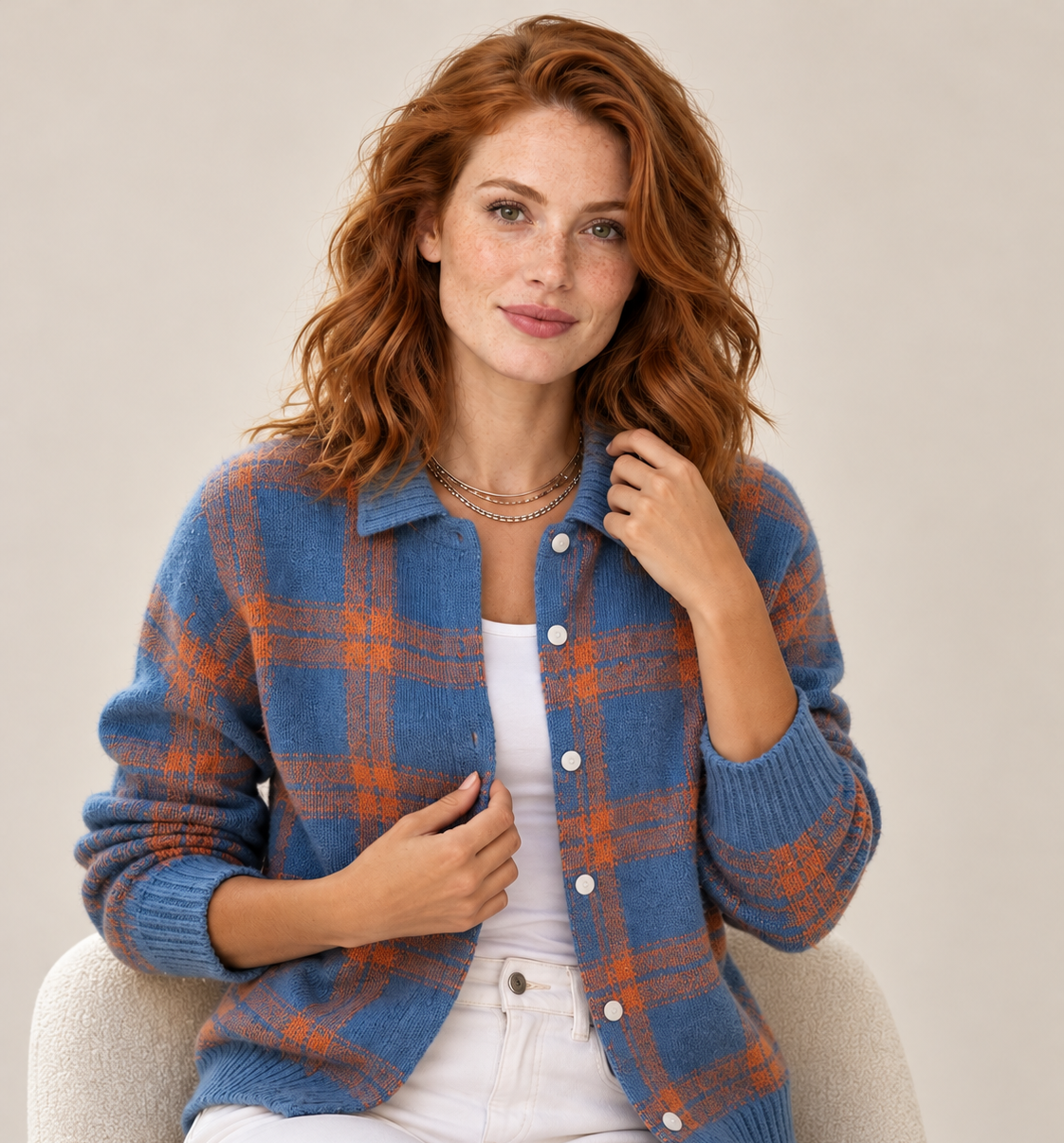 Verawool Plaid Shirt-Collar Cardigan - blue orange seated02