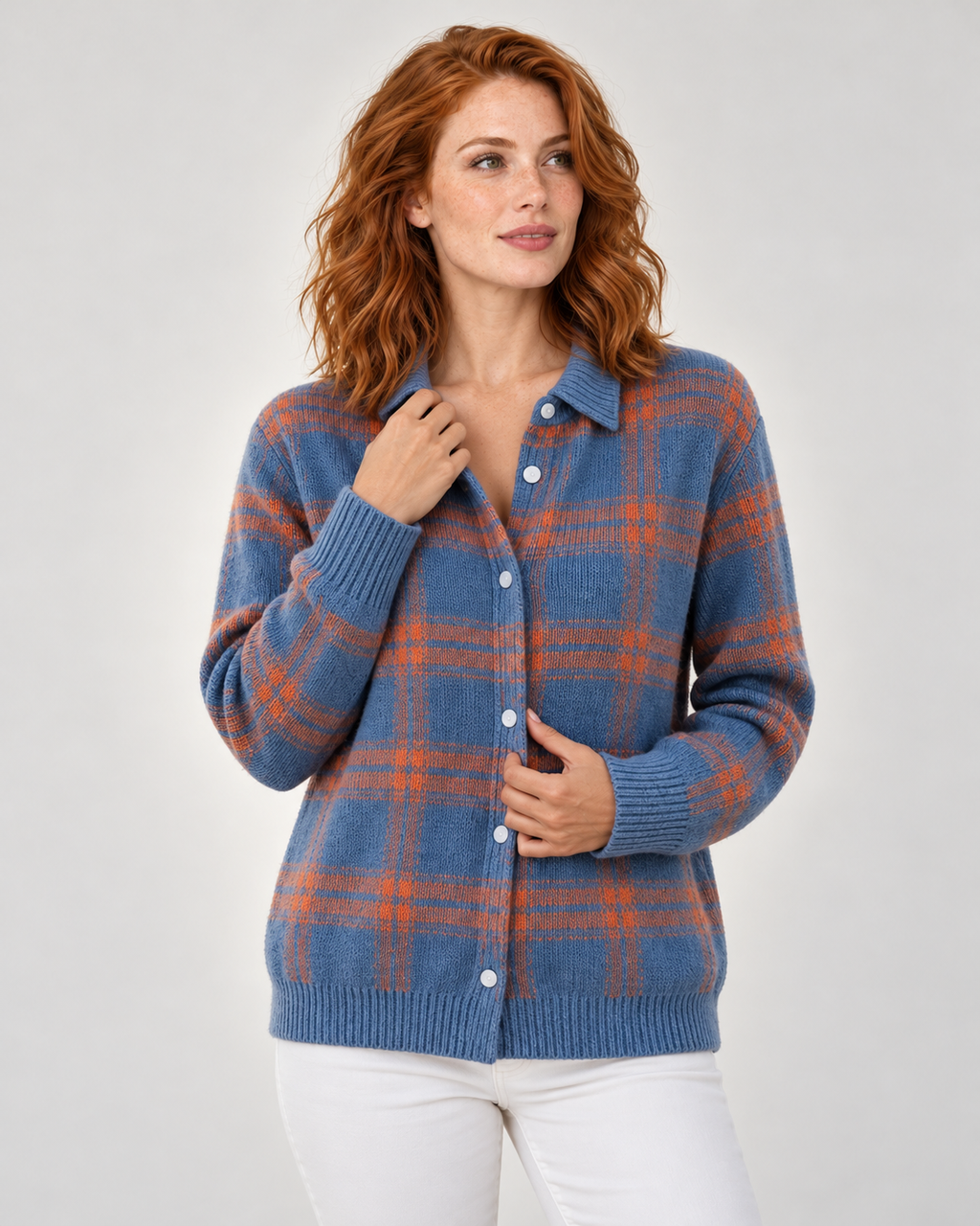 Verawool Plaid Shirt-Collar Cardigan - blue orange standing04