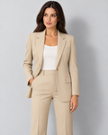 Women's single-button blazer and straight-leg trouser suit in Beige on Avery & Mercer model