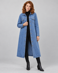 Avery & Mercer own model W03 wearing women's longline denim coat in blue, front view