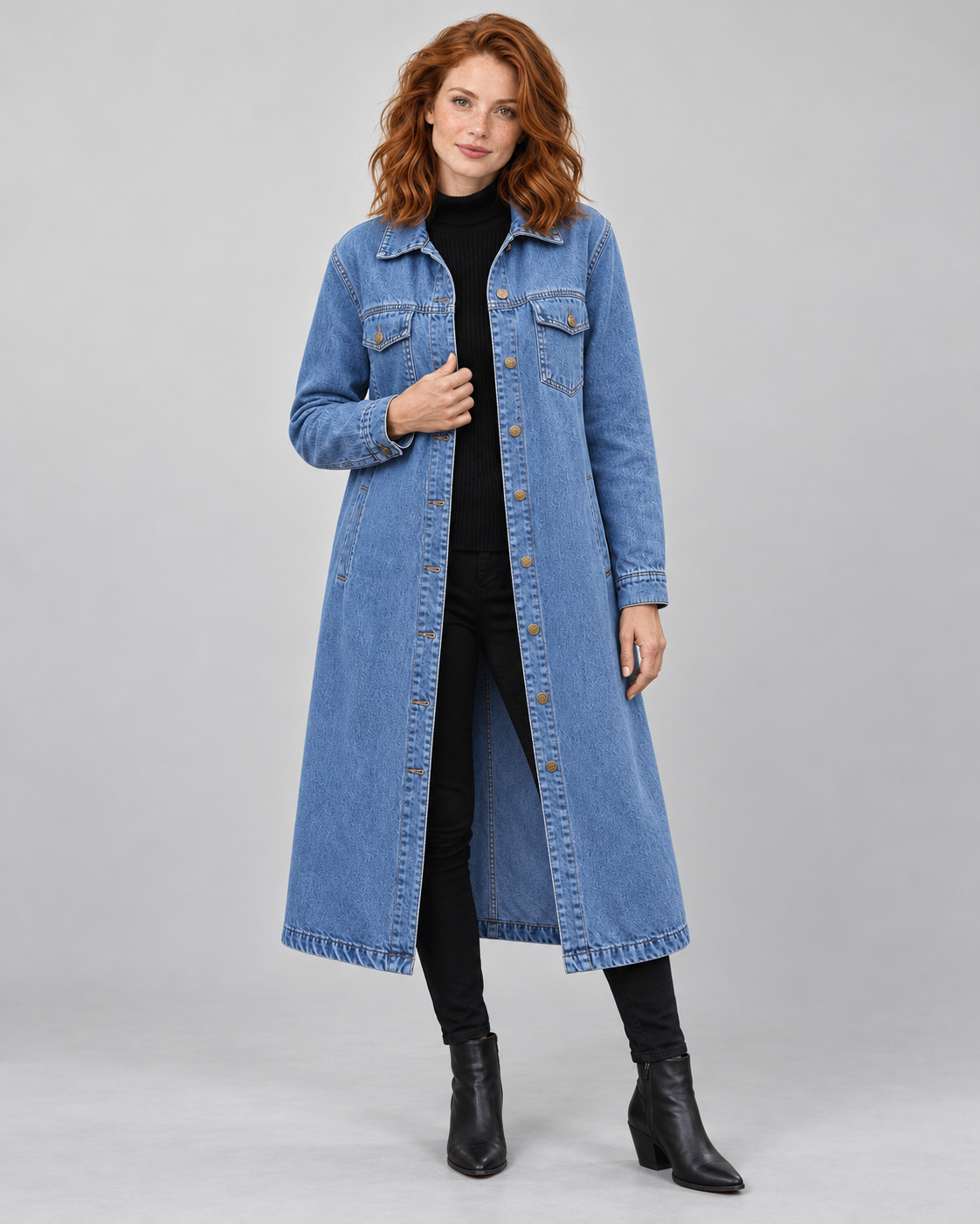Avery & Mercer own model W03 wearing women's longline denim coat in blue, front view