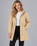 Avery & Mercer own model W01 wearing women's hooded rain coat in beige, front view