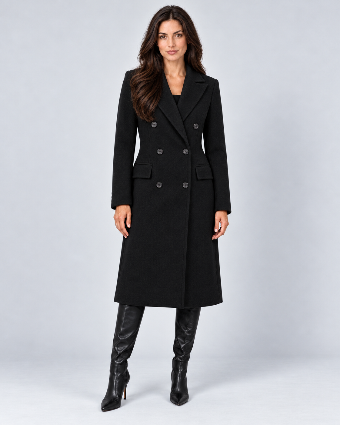 Monvaline women's long double-breasted overcoat in Black, closed front studio view